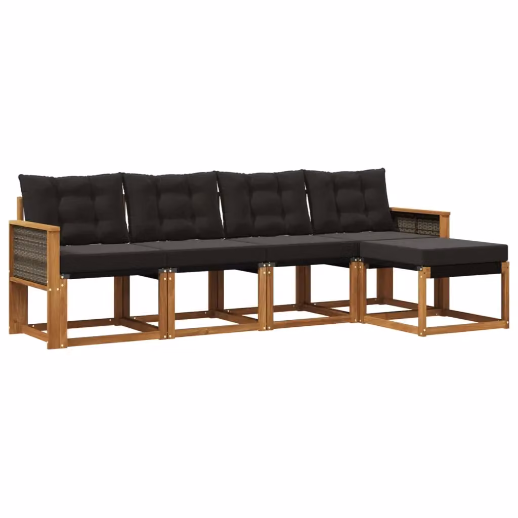 Set di divani da esterno a L vidaXL in legno di acacia con pouf e cuscini, colore marrone e nero – 2
