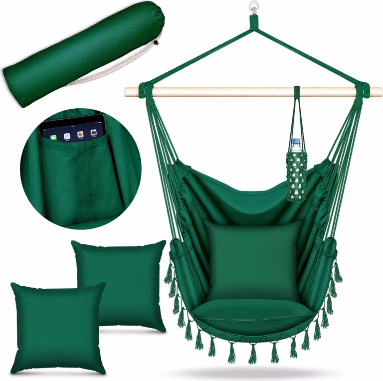 tillvex hanging chair green 2 cuscini da appendere | hanging chair con portabicchieri e scomparto per libri | hanging seat resistente alle intemperie - indoor & outdoor | cesto appeso con borsa per il trasporto per adulti e bambini