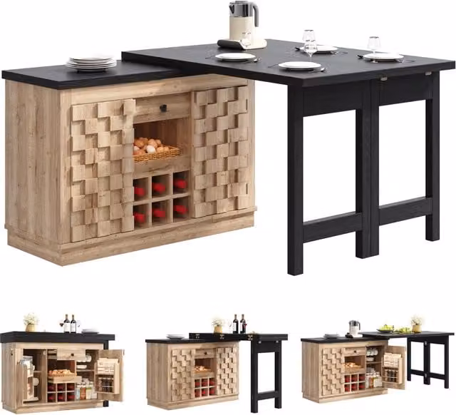 Isola cucina girevole a 360 gradi 120-197 × 40 × 74;2 cm con tavolo trasformabile; ante mosaico; rovere chiaro e nero