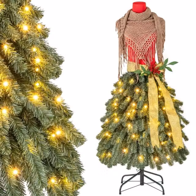 Albero di Natale artificiale a forma di abito Design Mania, pre-illuminato con LED luce bianca calda, verde con decorazioni rosso e oro, Altezza: 150 cm