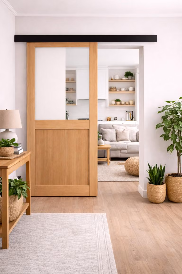 Porta scorrevole da laboratorio in noce con vetro H204 x L73 cm, binario in alluminio con fascia nera, GD MENUISERIES