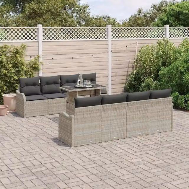 Set Divano da Giardino a Forma di U vidaXL con Tavolino in Vetro e Cuscini, 9 Pezzi, Grigio, 8 Posti