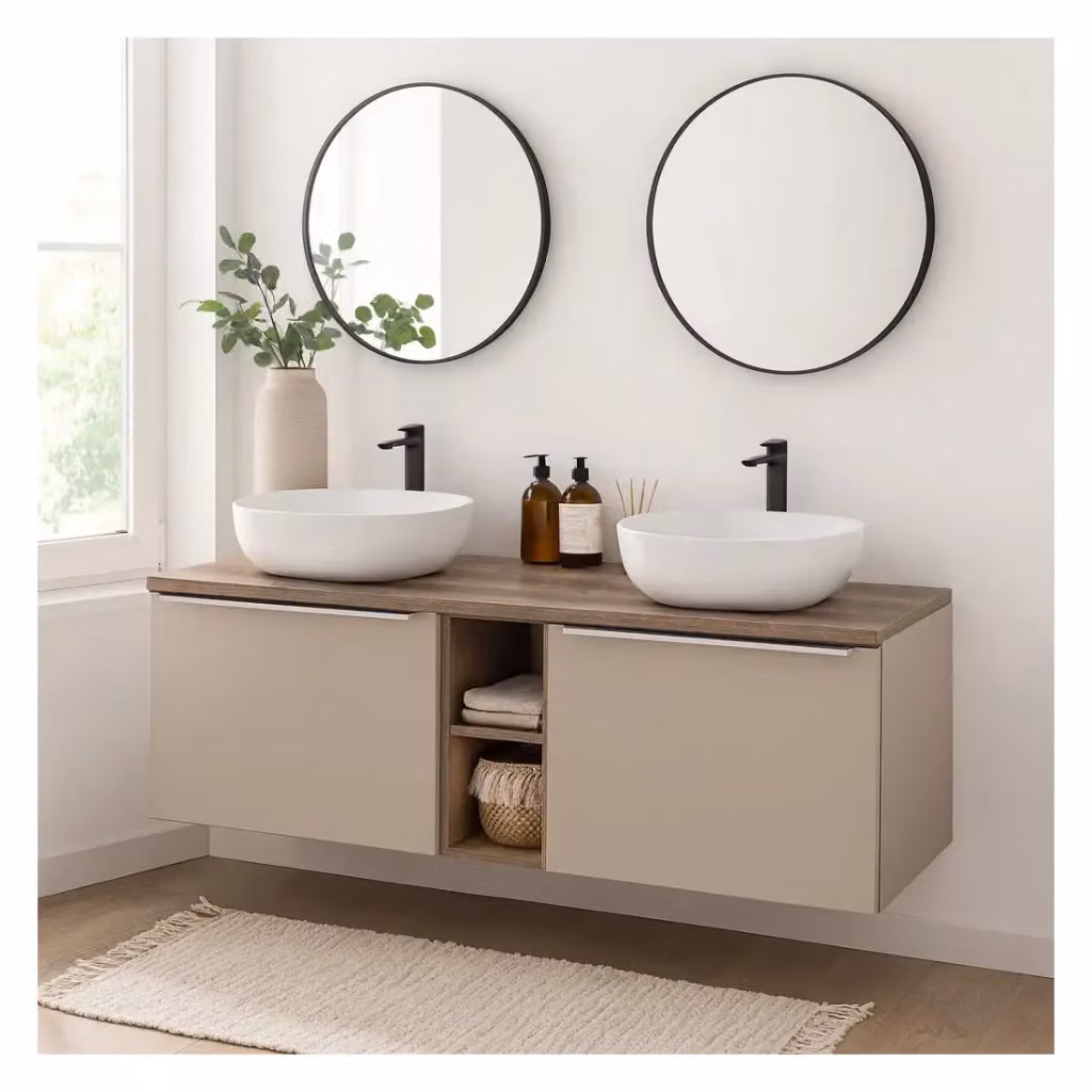 Set VANTA Meublorama mobile sottolavabo color taupe con piano e 2 lavabi da appoggio L: 140 cm, P: 46 cm, H: 78 cm – 2