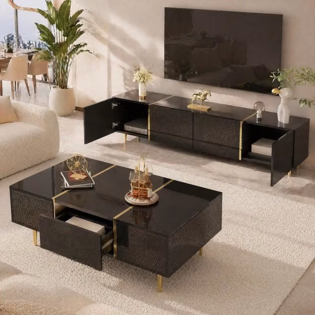 Set di 2 mobili moderni REDOM composto da mobile TV e tavolino in MDF nero lucido con dettagli oro per il tuo soggiorno