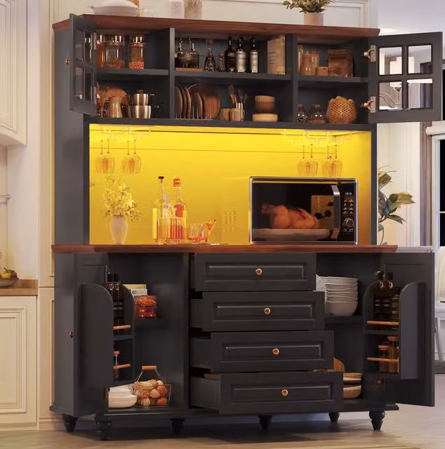 Credenza alta da cucina nera con illuminazione integrata e ante con cassetti L/P/H: 40 x 69 x 179,5 cm
