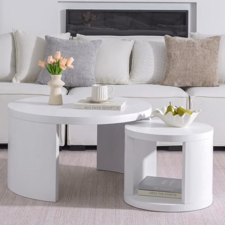 Set di tavolini da caffè rotondi, 2 pezzi, diametro 80/46 cm, colore bianco