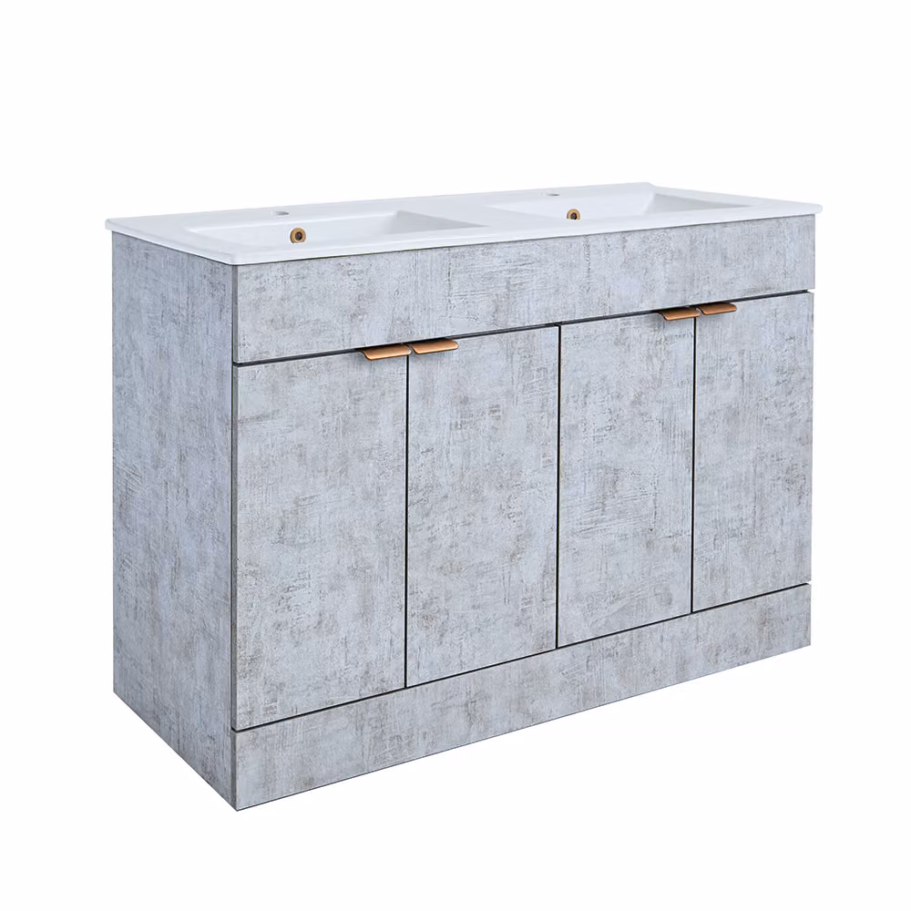 Mobile Bagno a Terra Grigio Cemento da 1210mm con Doppio Lavabo e Maniglie con Impugnatura a Dito in Rame Satinato - Cluo