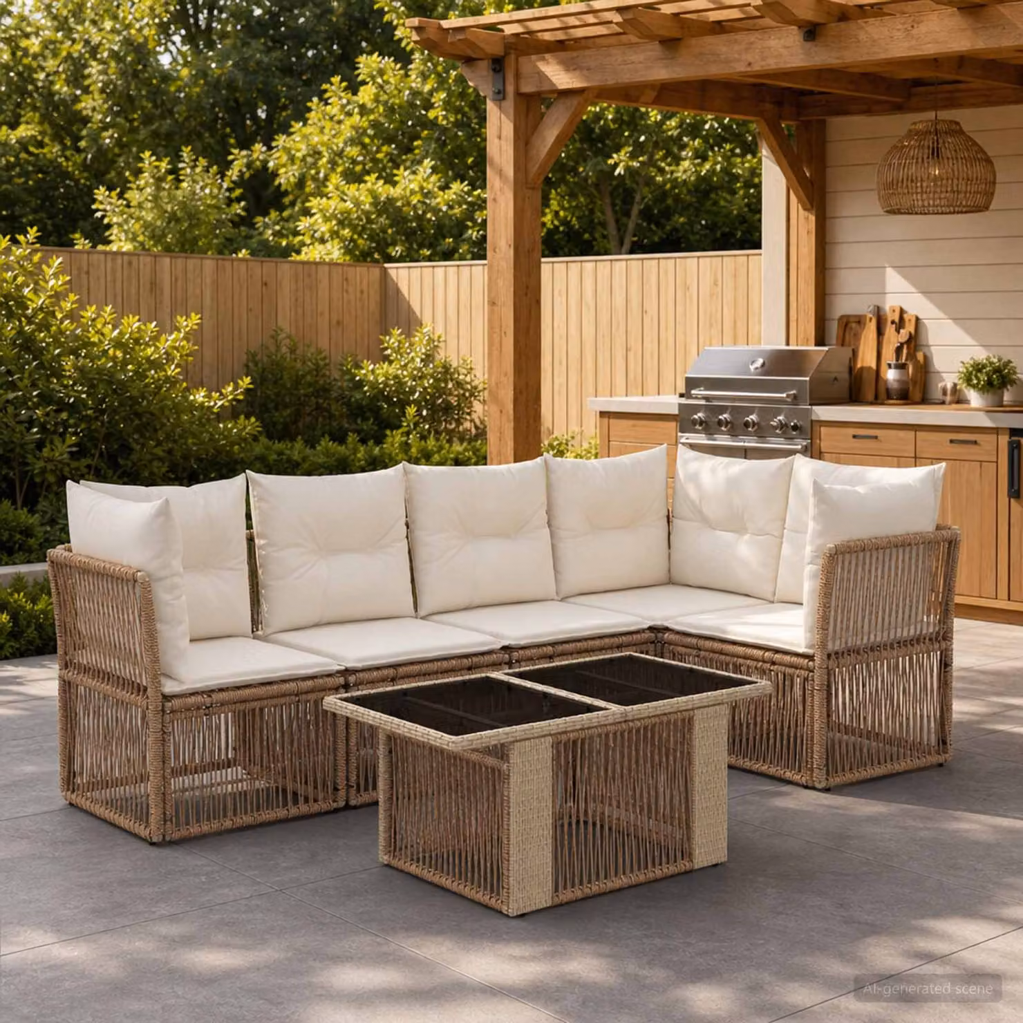 Set Divano da Giardino vidaXL 6 Pezzi in Polyrattan Beige con Cuscini e Tavolino
