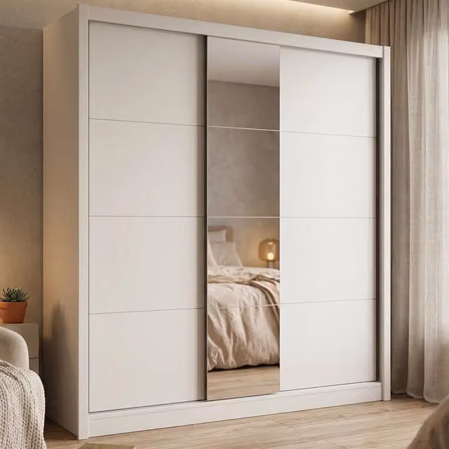 Armadio da camera da letto Orero DMORA con ante scorrevoli, specchio e illuminazione LED, Bianco e Beige, L: 205 cm, H: 216 cm, P: 205 cm – 1