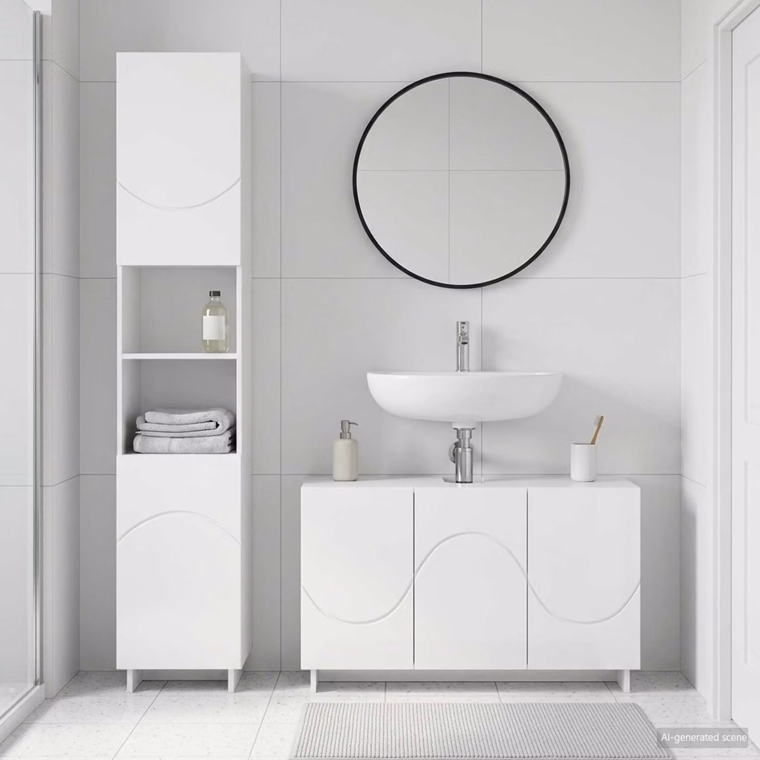Set mobili da bagno vidaXL in 2 pezzi bianco lucido in MDF composto da base lavabo e colonna alta L/P/H: 101 x 41 x 180 cm e 51,89 x 41 x 66 cm