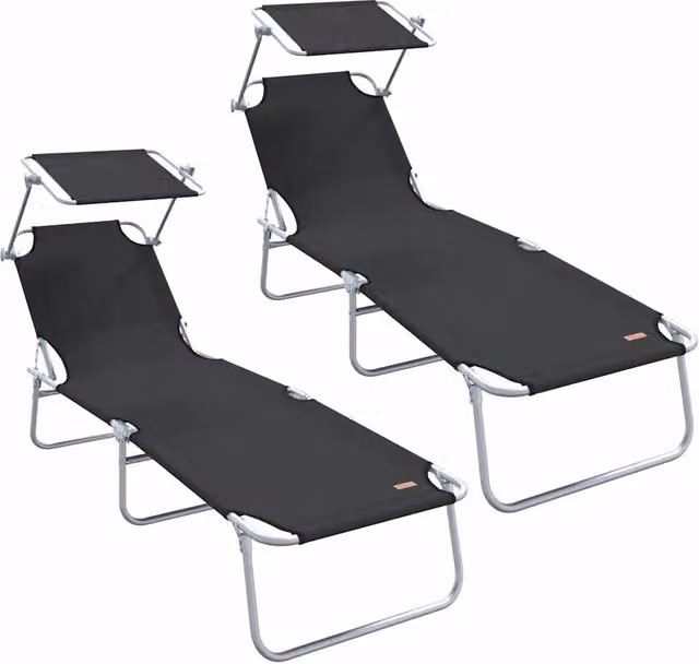 Set di 2 lettini prendisole da giardino con parasole e poggiatesta regolabile, colore nero, L/P/H: 188 x 58 x 77 cm – 1