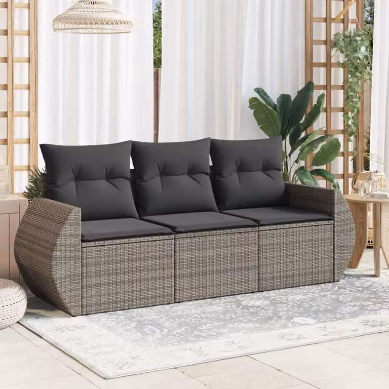 Set di divani da giardino vidaXL composto da 3 pezzi con cuscini grigi in polyrattan e struttura in acciaio rivestito in polvere