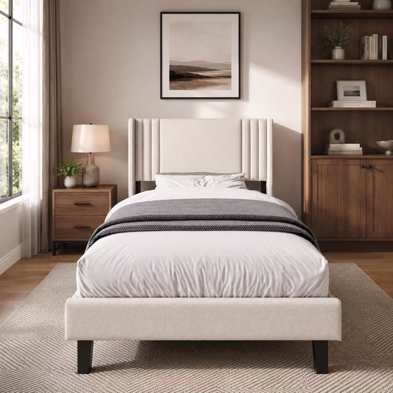 Struttura letto INONEFT, 90x200 cm, letto imbottito con spazio contenitore sotto il letto, letto per bambini/ragazzi con testiera e rete a doghe, senza materasso, colore beige