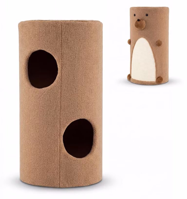 COSTWAY Tiragraffi a forma di cilindro, Ø 35 cm, altezza 66 cm, tiragraffi con tappetino in sisal, 2 cucce, lettino, tiragraffi, albero tiragraffi per gatti fino a 15 kg, marrone