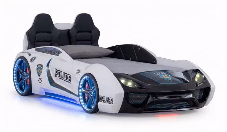 Letto a forma di auto bianco, design per bambini, letto a forma di auto da corsa, letto per bambini, mobili per la cameretta