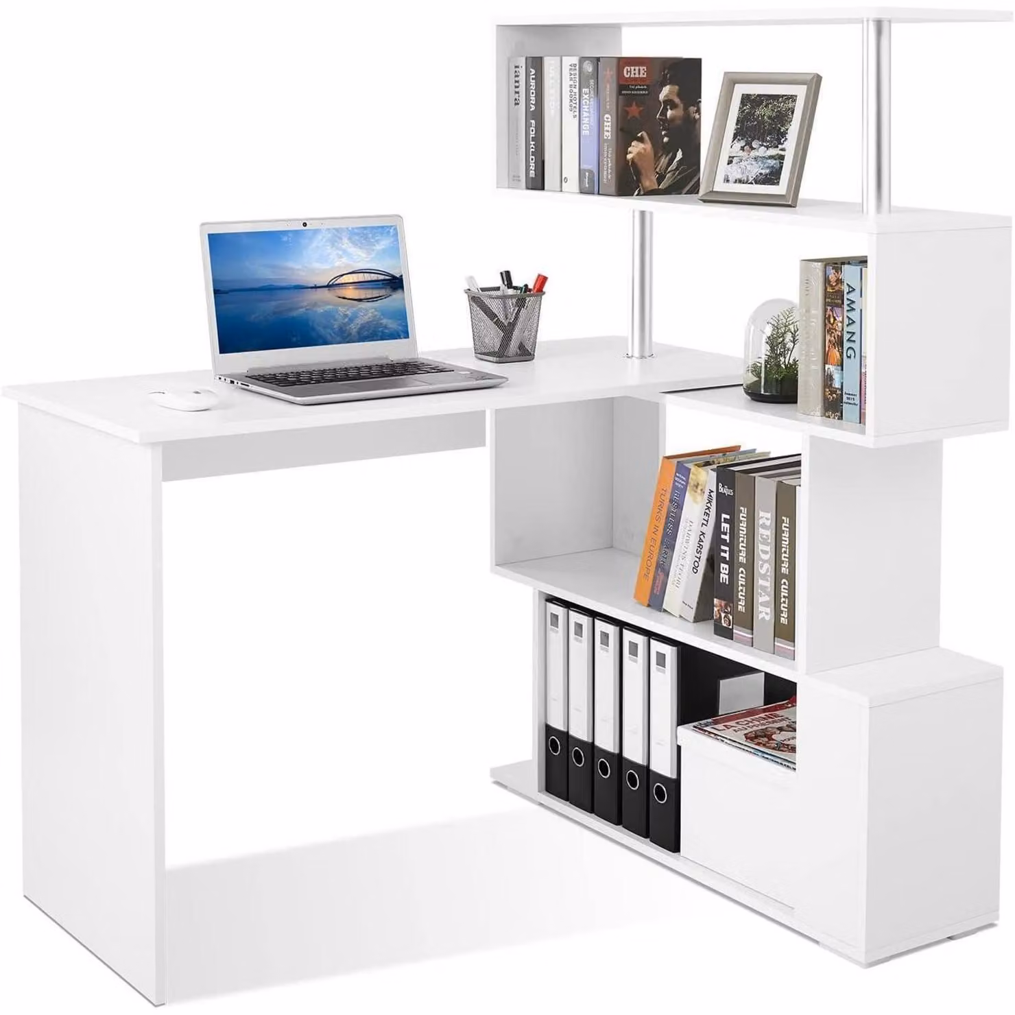 Scrivania a forma di L con libreria girevole, dimensioni 157 x 45 x 130,5 cm, colore bianco