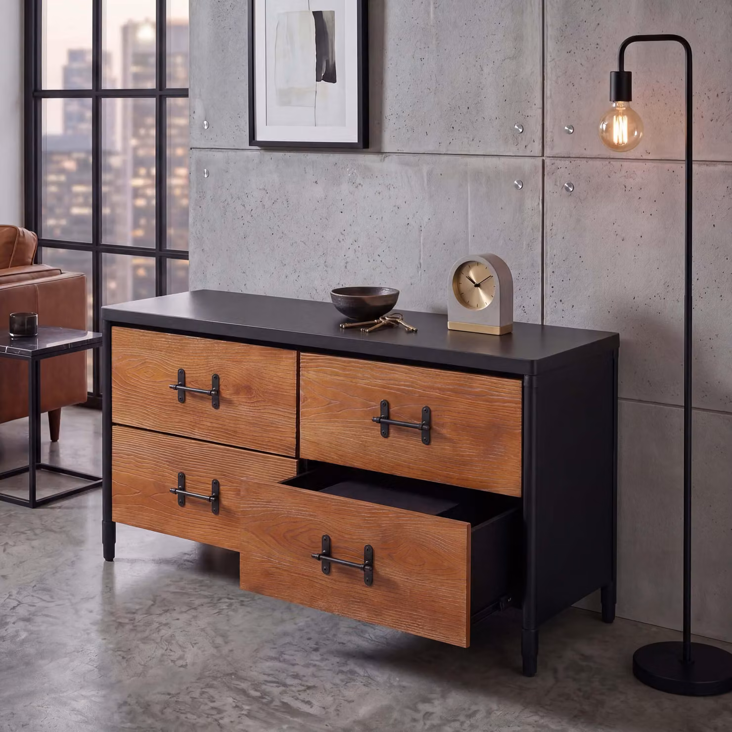 Comodino HWC-Q66, credenza, cassetti in stile industriale 60x120x40 cm ~ legno marrone, metallo nero