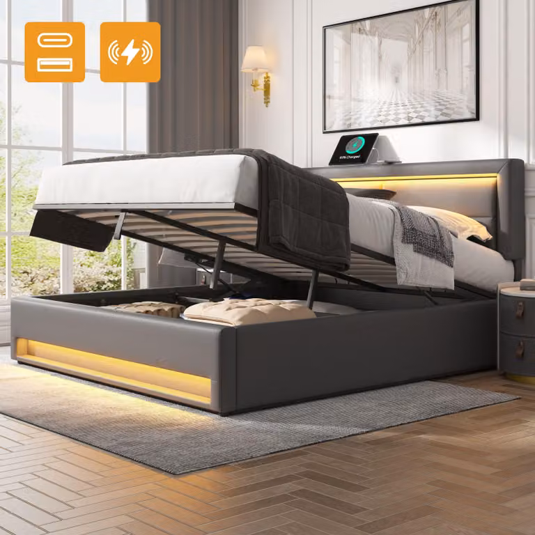 Letto imbottito 140x190 cm con porta USB e funzione di ricarica wireless, illuminazione LED, spazio contenitore, rivestimento in ecopelle effetto legno di litchi, colore grigio