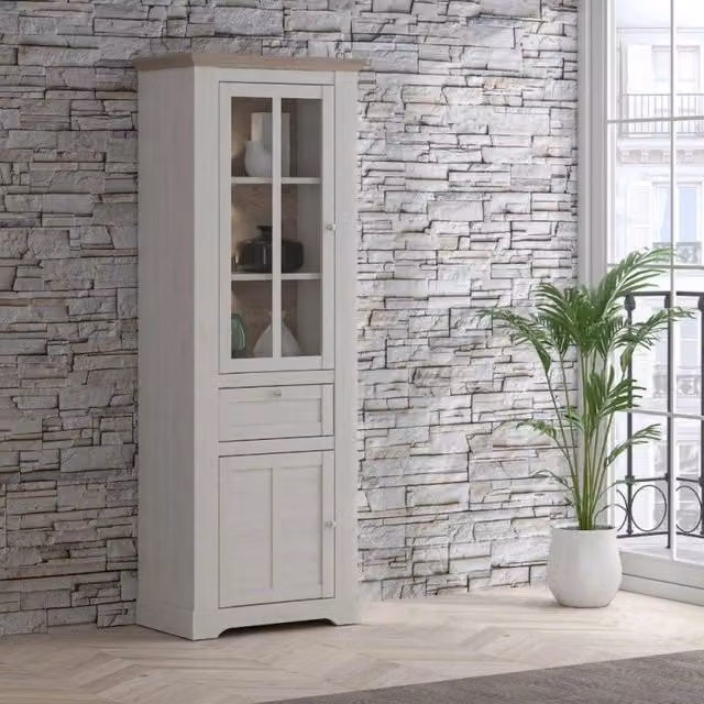 Vetrina Forma con 1 cassetto e 2 ante con luce integrata colore rovere neve e piano olmo scuro