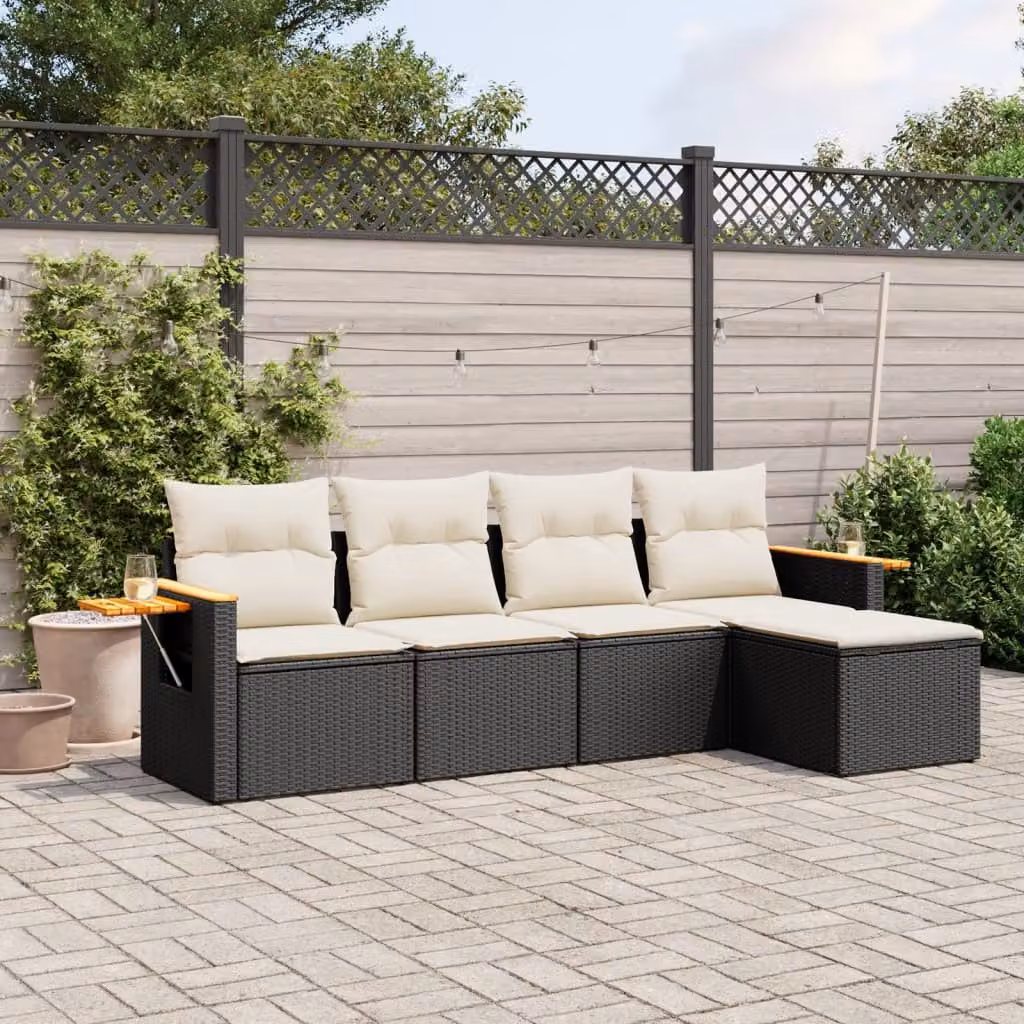 vidaXL Set Divani da Giardino 5 pz a Forma a L in Polyrattan Nero con Cuscini e Coperture Rimovibili – 1