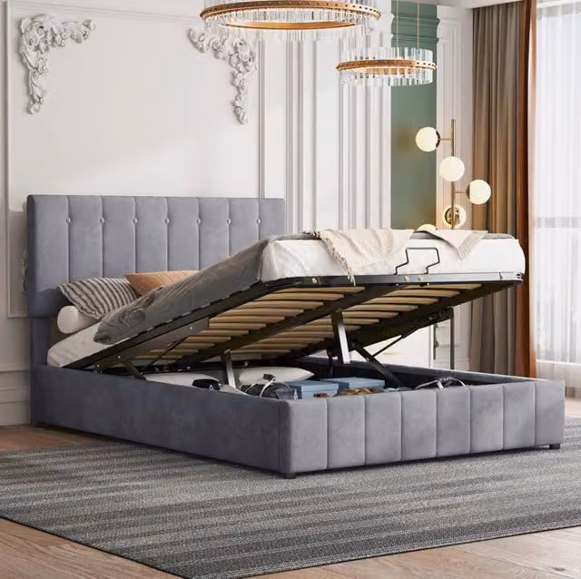 Letto matrimoniale imbottito 140x200 cm con contenitore grigio