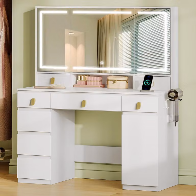 Comò da trucco con specchio, illuminazione a LED, prese di corrente, supporto per asciugacapelli, 8 cassetti, colore bianco