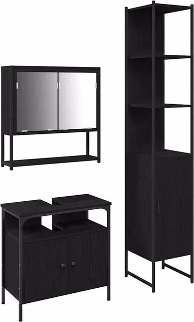 Set di mobili per il bagno minimalista composto da mobile lavabo, armadio specchio e colonna alta in legno effetto rovere nero opaco L/P/H: 43,9 x 33,0 x 185,5 cm