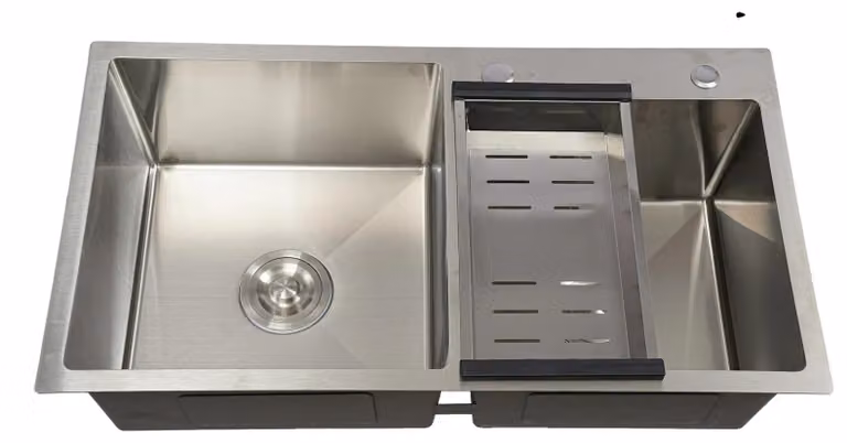 Lavello da cucina, doppia vasca, struttura resistente in acciaio inossidabile, color argento senza dosatore