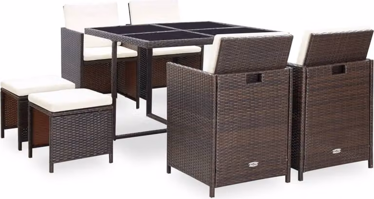 The Living Store Set da pranzo da giardino 9 pezzi con cuscini in poly rattan marrone