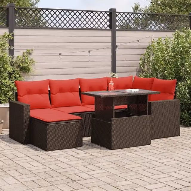 Set Divani Giardino 7 pz con Cuscini Marrone Polyrattan Acacia 3326355