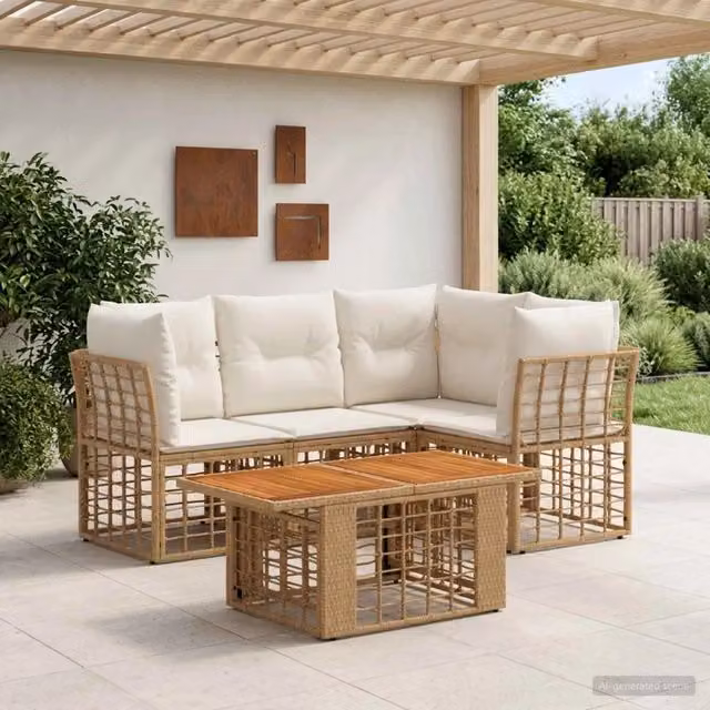 Set Divano da Giardino 5 pz Naturale e Bianco Crema polyrattan 3437862
