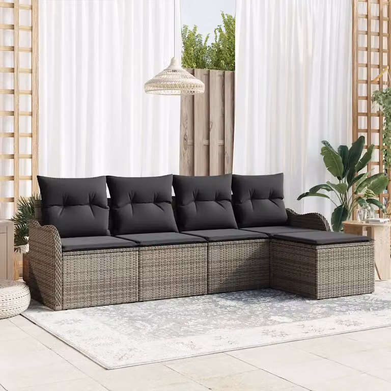 Set Divano da Giardino a L vidaXL in Polyrattan Grigio con 5 Pezzi e Ottoman