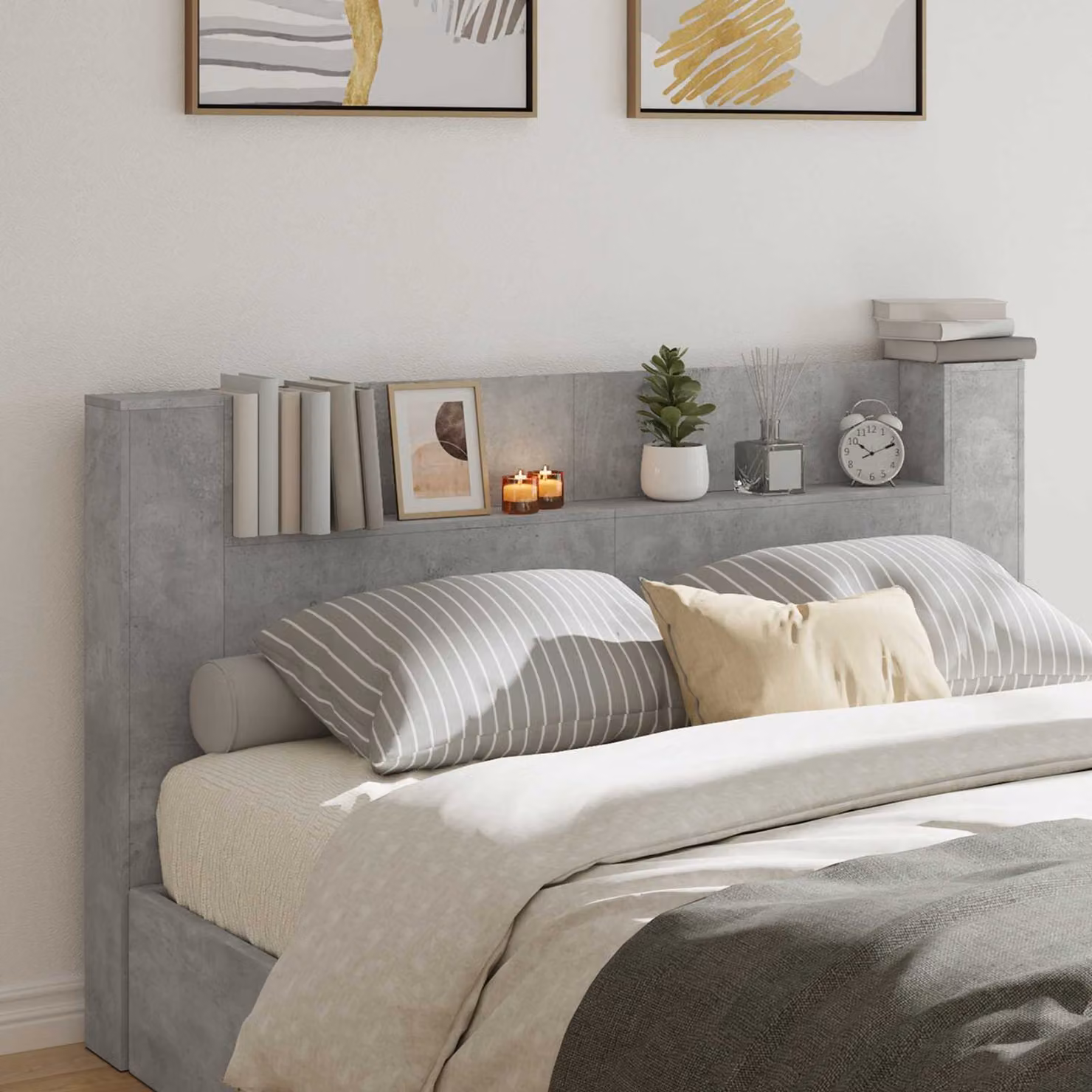 Testata del letto con mobile e illuminazione LED vidaXL in effetto calcestruzzo e legno ingegnerizzato, colore grigio, L 180 x H 103,5 x P 22,79 cm