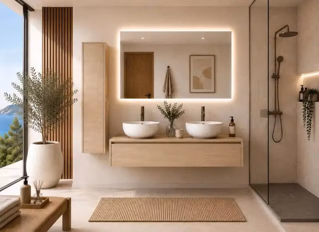 Mobile bagno componibile FORMENTERA senza specchio con modulo da 120 cm, doppio lavabo con colonna