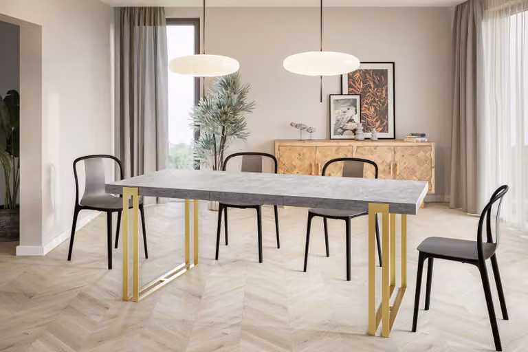 Tavolo rettangolare per sala da pranzo ROSA, dimensioni: 200X90X77 cm, tavolo da soggiorno colore: grigio chiaro, con gambe in metallo color oro