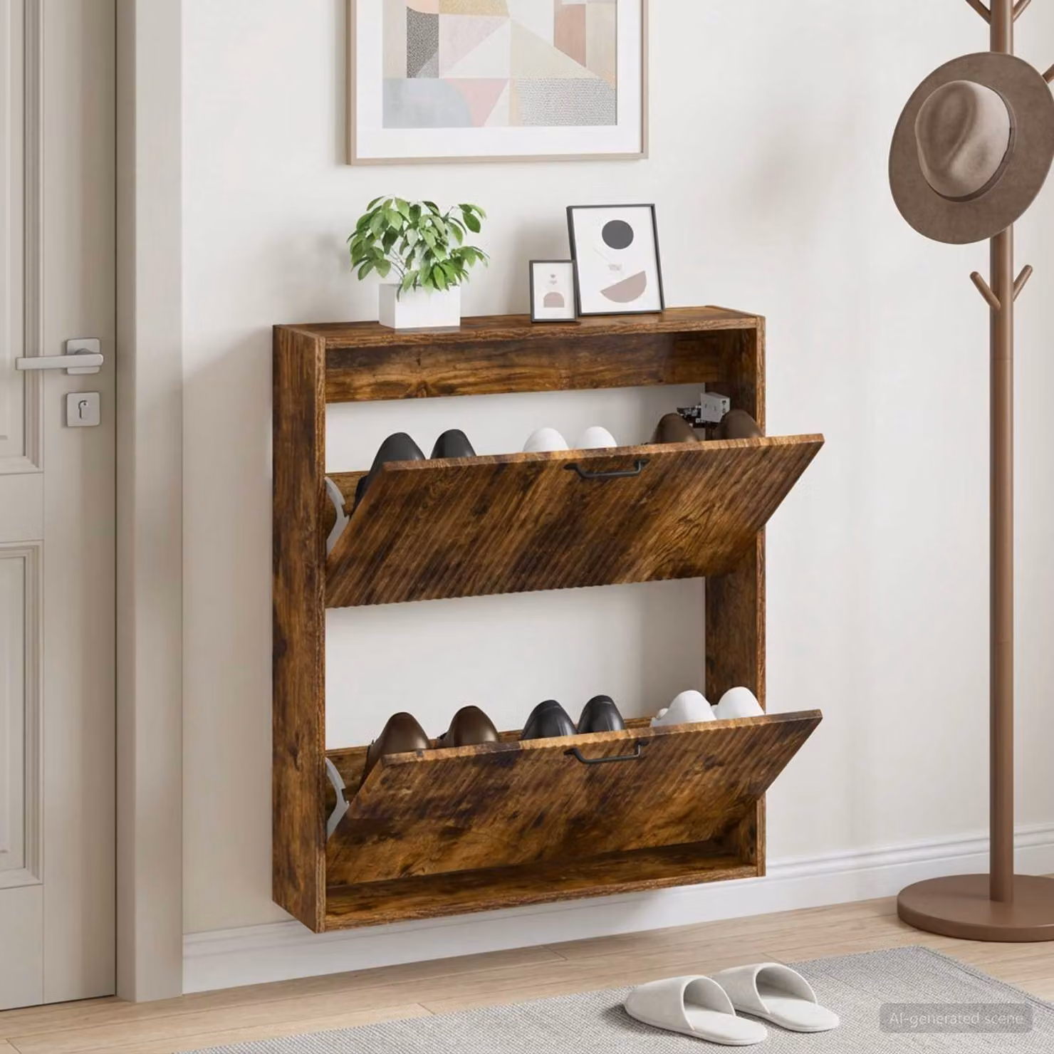 Mobiletto per scarpe da muro vidaXL HOORN in rovere fumo, design moderno con scomparti basculanti, L: 71 cm, P: 17 cm, H: 86 cm