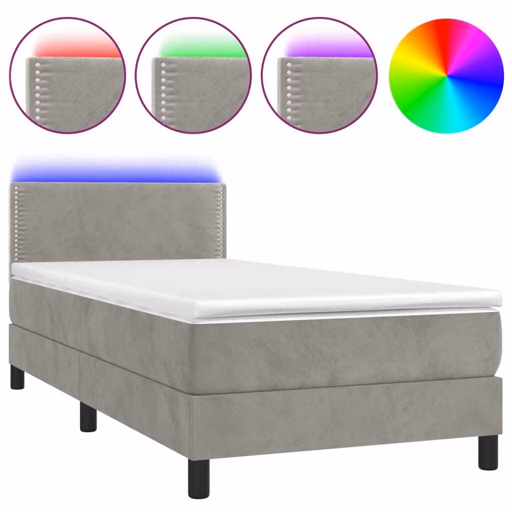 Letto a Molle con Materasso e LED Grigio Chiaro 90x200 cm Velluto