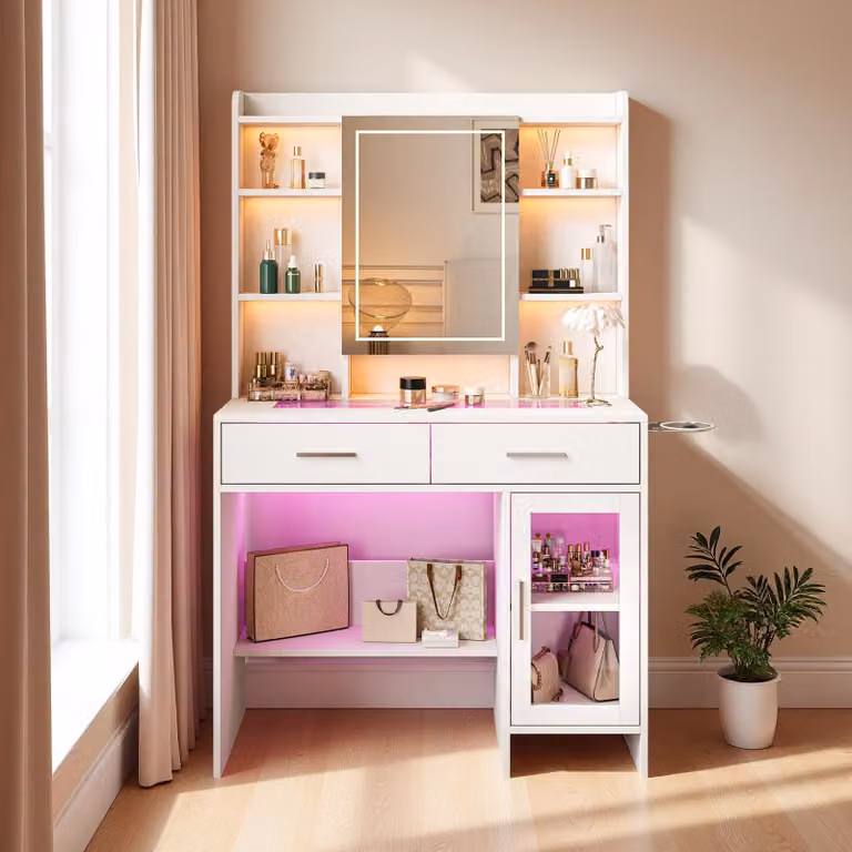 Comò da trucco INONEFT con specchio, tavolino da trucco con illuminazione a LED e porte USB, 7 ripiani aperti, 2 cassetti, area di appoggio a 2 livelli