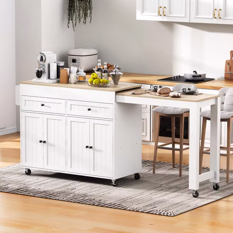 Isola da cucina Sweiko su rotelle, Isola da cucina allungabile per zona pranzo con piano di lavoro e cassetti, Isola da cucina mobile indipendente, Ideale per cucina e sala da pranzo (bianco+naturale)