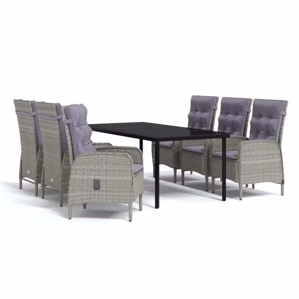 Set da pranzo da giardino vidaXL in polyrattan con cuscini e tavolo in vetro, 7 pezzi, grigio e nero – 2