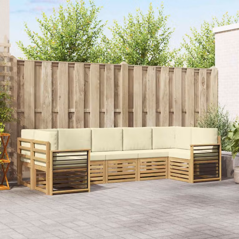 vidaXL Set di divani da esterno a L composto da 7 pezzi in legno di acacia con cuscini bianchi e beige