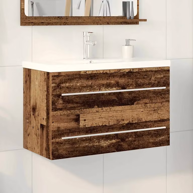 Set di 2 armadi per lavabo da bagno vidaXL in legno vecchio marrone con ante e cassetti, sospesi a parete