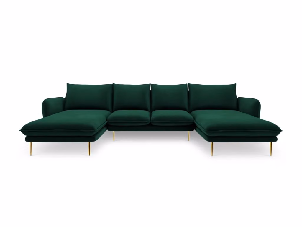 Divano panoramico Vienna Cosmopolitan Design a 6 posti in velluto verde bottiglia con struttura in metallo e cuscini inclusi L: 350 cm, P: 170 cm, H: 95 cm – 2