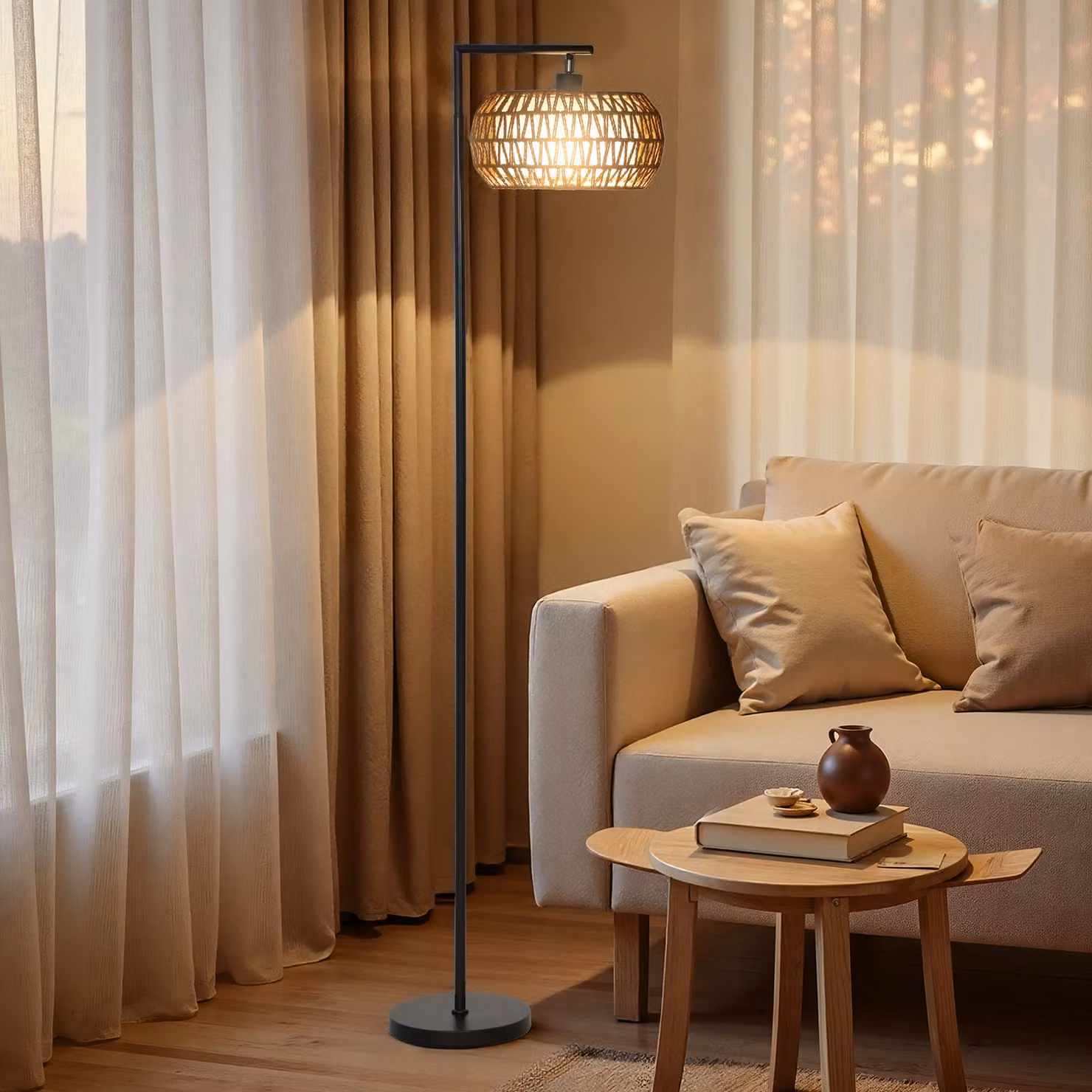 HOMCOM Lampada da Terra Boho con Doppio Paralume in Rattan, Colore Nero e Beige, con 3 Temperature di Colore, Luminosità Regolabile e Telecomando – 2