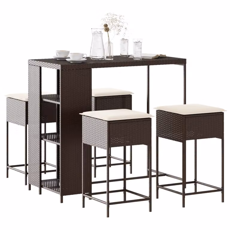 vidaXL Set Bar da Giardino 5 pz in Polyrattan Marrone con Cuscini Beige