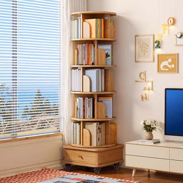 Libreria girevole 360 con rotelle e cassetto OKWISH in legno MDF marrone per soggiorno e camera da letto L: 58 cm, P: 56 cm, H: 29 cm