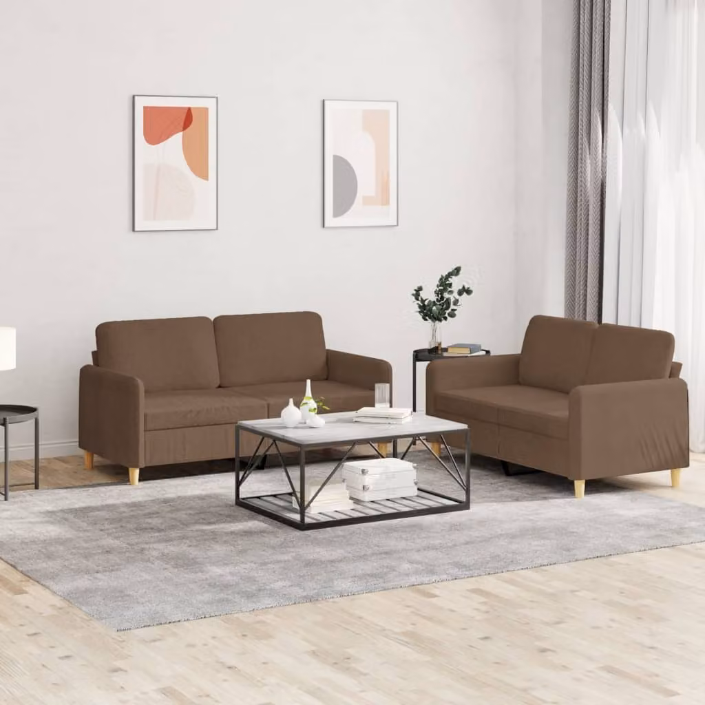 Set di 2 Divani Moderni vidaXL in Tessuto Marrone con Cuscini e Struttura Imbottita – 1