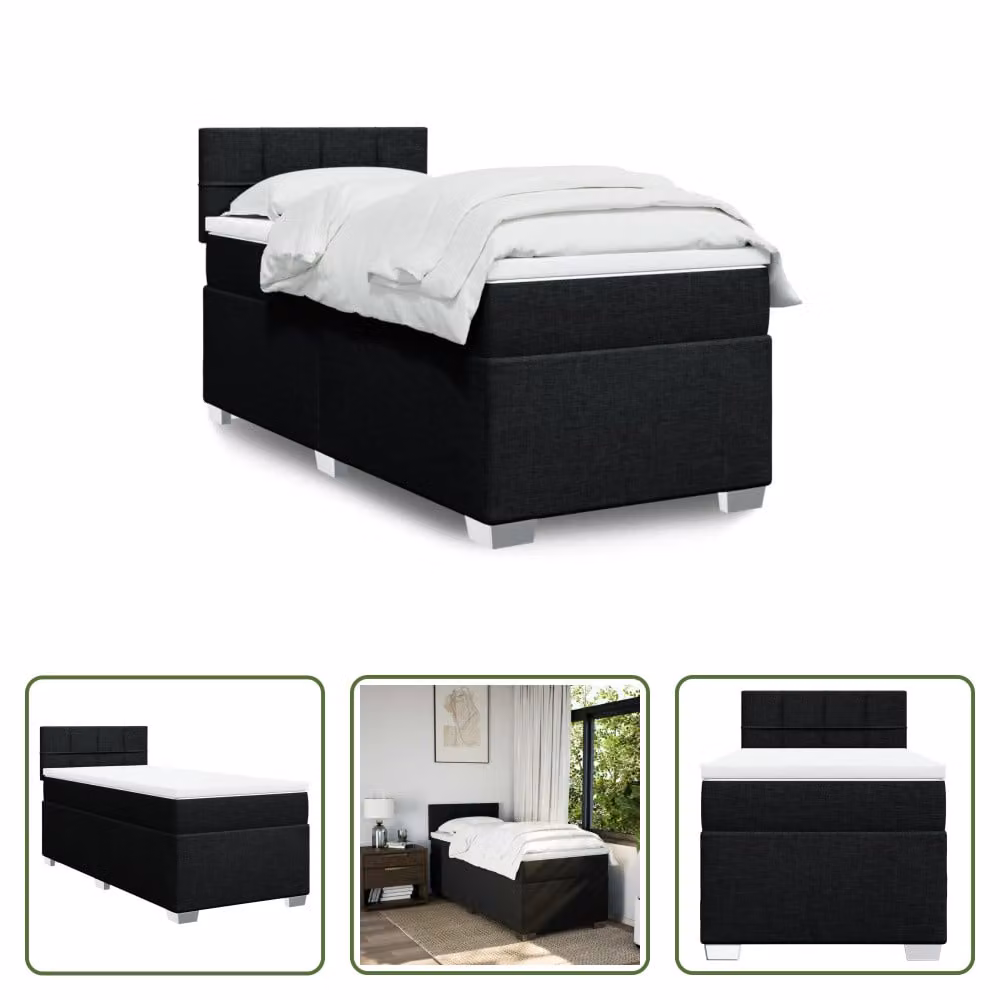 The Living Store Letto a molle con materasso nero 80x200 cm in tessuto