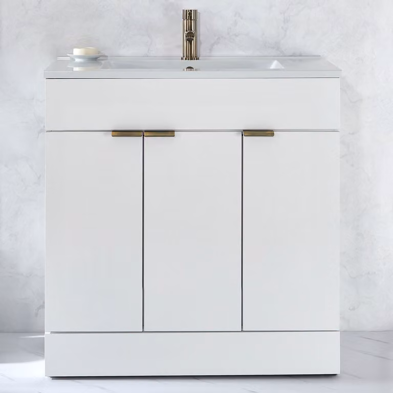 Mobile Bagno a Terra Bianco da 810mm con Lavabo e Maniglie con Impugnatura a Dito in Ottone Spazzolato - Cluo