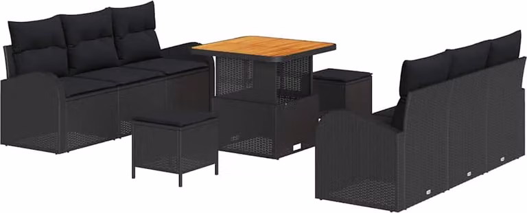 Set Divano da Giardino con cuscino 9 pcs Nero polyrattan